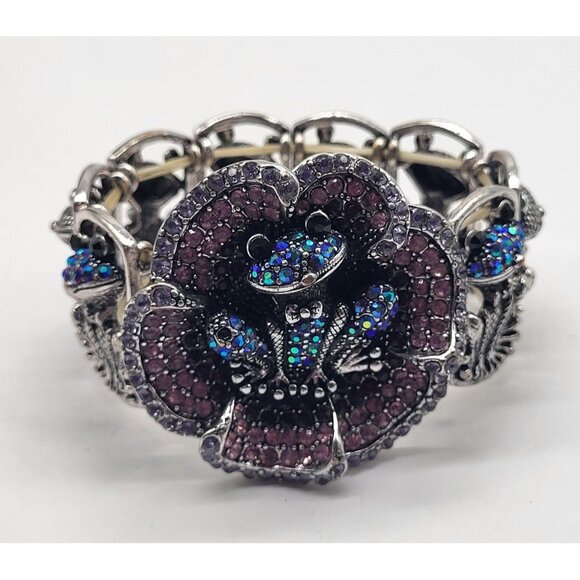 Yuhong Jewelry - YUHONG Rhinestone Stretch Silver Tone Bracelet FROG Whimsical Bling Fairy Flower